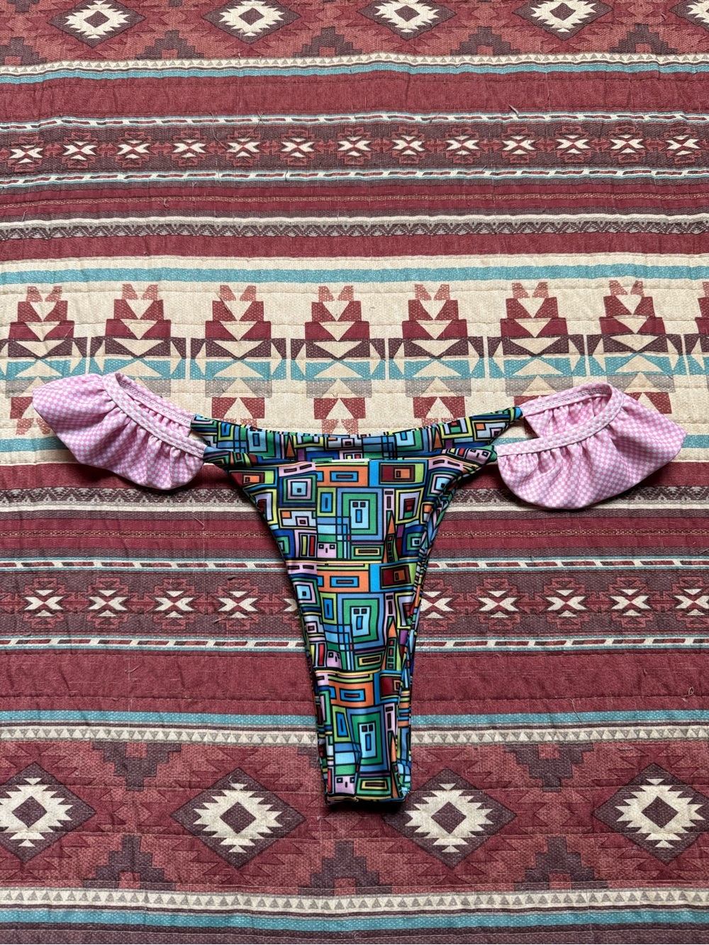 Strawberry Milk Mob Multicolor Geometric Bikini Top with Pink Accents size small